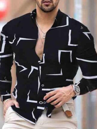 Купить Autumn men's geometric blouse slim long sleeve shirt printing black white trendy navy shirts