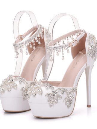 Купить White Rhinestone women's wedding shoes Beaded tassel chain waterproof platform high heels
