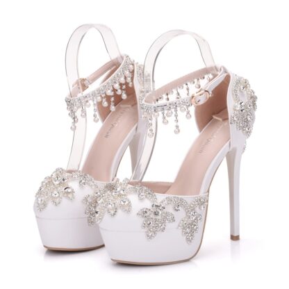 Купить White Rhinestone women's wedding shoes Beaded tassel chain waterproof platform high heels