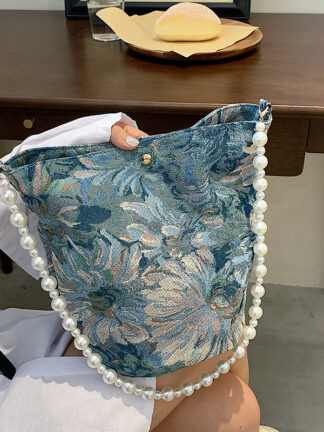 Купить 2021 summer new literary women's bag Chinese style pearl bucket set one shoulder handbag
