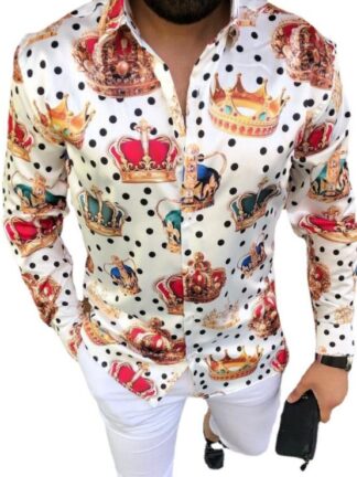 Купить Polka dot vintage Chemisier Shirts Long Sleeve Autumn Hawaiian Camicetta Plus size Crown spot Shirt Loose Fit Print Blusa Pattern Man Clothes