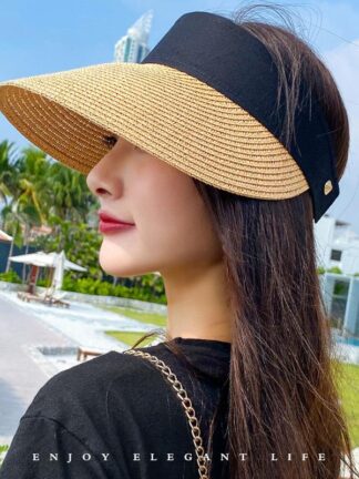 Купить Wide Brim Hats 2021 Magic Tape Panama Women Straw Hat Empty Top Women's Summer Sun Protection Outdoor Sports Fishing Beach