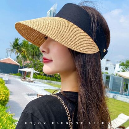 Купить Wide Brim Hats 2021 Magic Tape Panama Women Straw Hat Empty Top Women's Summer Sun Protection Outdoor Sports Fishing Beach