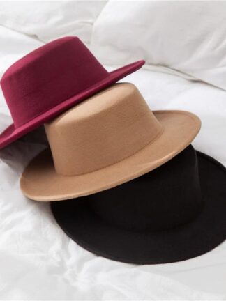 Купить New Fashion Wide Brim Hats Classic Solid Color Felt Fedoras For Men Women Artificial Wool Blend Jazz Cap Simple Flat Top Hat