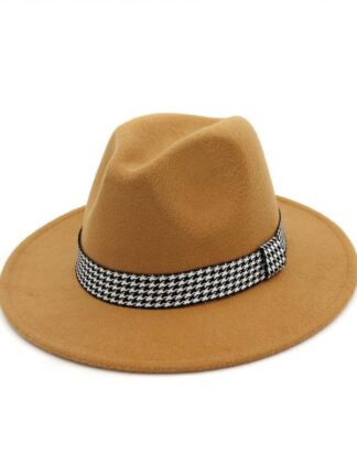 Купить New Fashion Wide Brim Hats Autumn Winter Female Trend Flat Straight Houndstooth Top Hat Men Women Wool Cap Elegant Ladies Woolen Retro Jazz