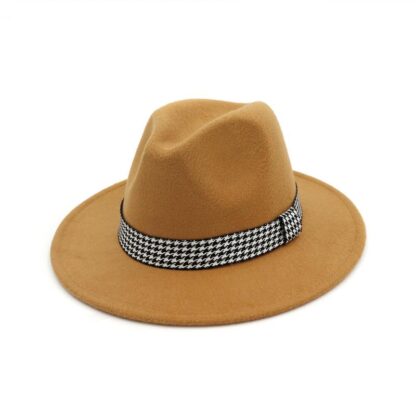 Купить New Fashion Wide Brim Hats Autumn Winter Female Trend Flat Straight Houndstooth Top Hat Men Women Wool Cap Elegant Ladies Woolen Retro Jazz