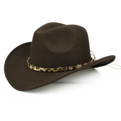Купить New Fashion Wide Brim Hats Leopard Ribbon Belt Men Women Western Cowboy Cow Head Band Hat Jazz British Winter Wool Fedora Cap 56-58CM 3606