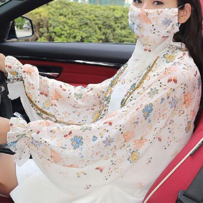 Купить Scarves Summer Chiffon Scarf For Women Shade Long Sleeves Neck Guards Floral Printed Thin Section Shawls Outdoor Driving Sunscreen