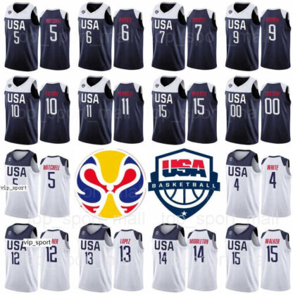Купить 2019 World Cup FIBA Basketball Team US Kemba Walker Jerseys Donovan Mitchell Tatum Plumlee Turner Lopez Middleton Barnes