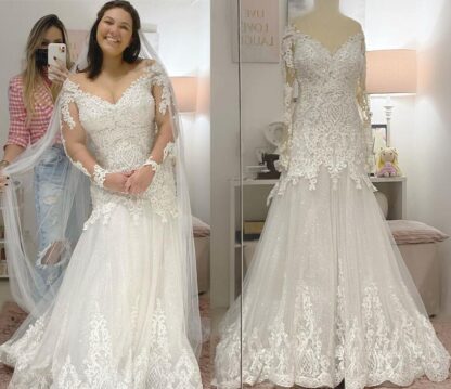 Купить 2021 Plus Size Arabic Aso Ebi Lace Beaded Mermaid Wedding Dress Sheer Neck Long Sleeves Vintage Sexy Bridal Gowns Dresses ZJ36