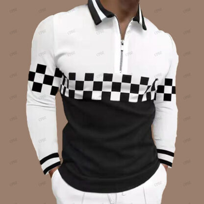 Купить Mens Polo Designer Polos Shirt Long Sleeve T-shirt Style printed Zipper Polyester collar lattice Men Clothes blura pattern blouse