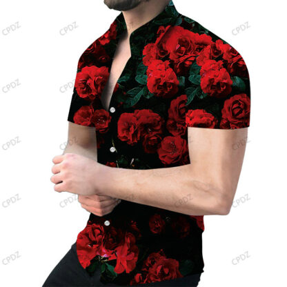 Купить Men Hawaiian Theme party Shirts 3D printing Casual summer short Sleeve Slim Rose Floral printed Single breasted Tees Fashionable luxurious design pattern shirts
