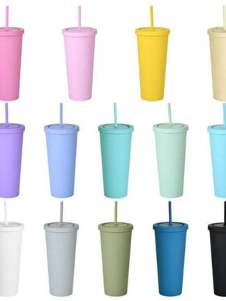 Купить 22OZ SKINNY TUMBLERS Matte Colored Acrylic Tumblers with Lids and Straws Double Wall Plastic Resuable Cup Tumblers DHL