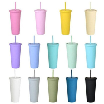 Купить 22OZ SKINNY TUMBLERS Matte Colored Acrylic Tumblers with Lids and Straws Double Wall Plastic Resuable Cup Tumblers DHL
