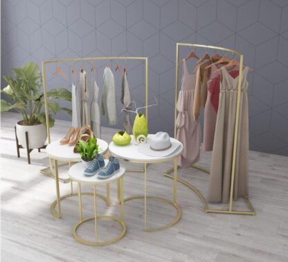 Купить Golden clothing store display rack Commercial Furniture floor arc middle island side hanging clothes water table combination racks