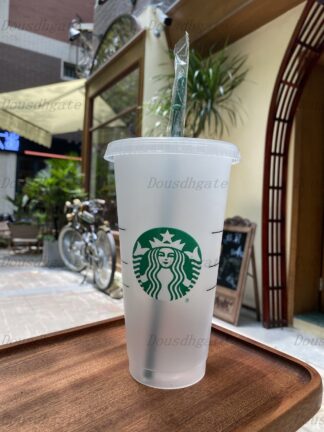 Купить Starbucks Premium 24OZ/710ml plastic cup Reusable transparent flat cup Straw cup Bardian 10 PCSL with cylindrical lid