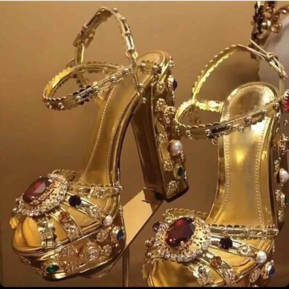 Купить Sandals Luxo gold metal leather chunky heels sandals muti jewel studded square platform shoes high rhinestones summer UDGE