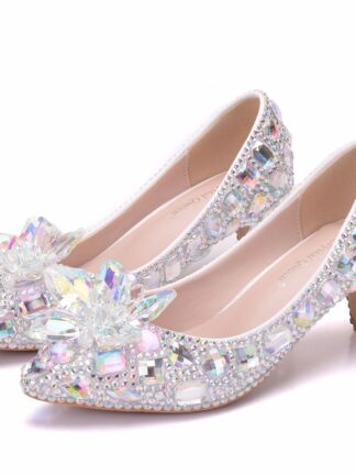 Купить Pointed colored diamond glass crystal flower women's wedding shoes thin heel pointed high heels