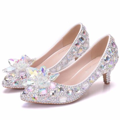 Купить Pointed colored diamond glass crystal flower women's wedding shoes thin heel pointed high heels