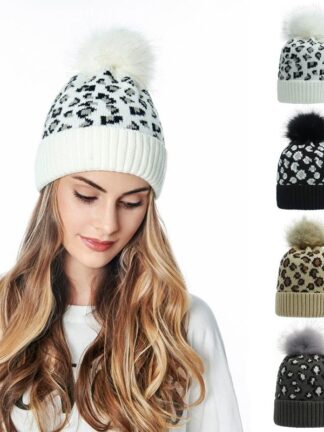 Купить Beanie/Skull Caps Women Winter Warm Knitted Beanie Hat Vintage Leopard Animal Print Fuffy Pompom Cuffed Skull Cap Head Cover Ear Warmer