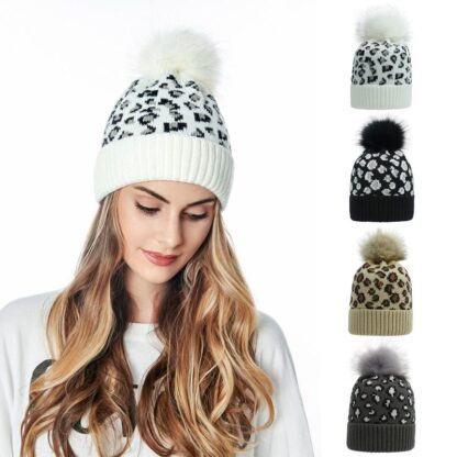 Купить Beanie/Skull Caps Women Winter Warm Knitted Beanie Hat Vintage Leopard Animal Print Fuffy Pompom Cuffed Skull Cap Head Cover Ear Warmer