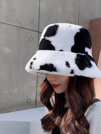 Купить Wide Brim Hats Cow Print Bucket Hat Winter Faux Fur Plush For Women Outdoor Warm Sun Female Lady Soft Fisherman Panama Cap