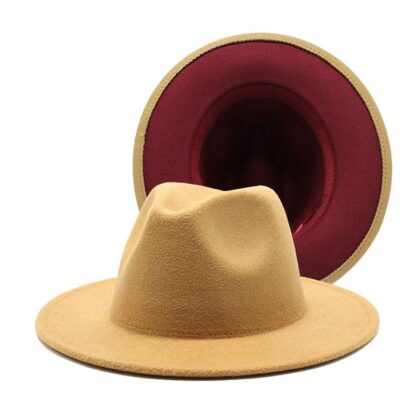 Купить New Wide Brim Hats 2021 Two Tone Fedoras Jazz Cowboy Hat For Women And Men Double-Sided Color Cap Red With Black Wool Bowler Wholesale