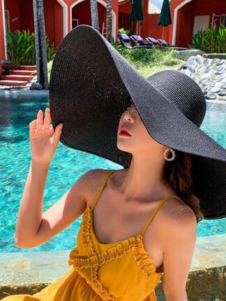 Купить Wide Brim Hats 25CM Oversized Beach For Women Summer Large Straw Hat UV Protection Foldable Sun Shade Wholesale Drop