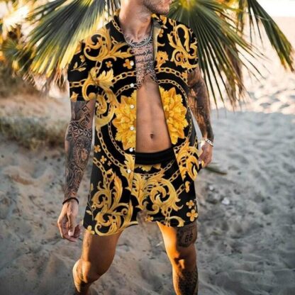 Купить Hawaii beach flower Tracksuits Personalized design shirt shorts Two-Piece men loose plus size short pant and blouses mixed black gold color printing suit