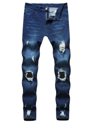 Купить Mens Hole Rips Stretch Black Jeans Fashion Slim Fit Washed Motocycle Denim Pants Blue Hip HOP Trousers