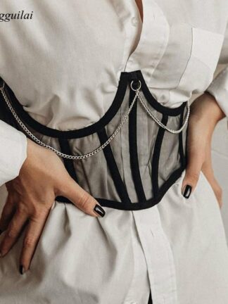 Купить Belts Women Lace Up Wide Belt Mesh Elegant Metal Chain Straps Female Stretchy Ladies