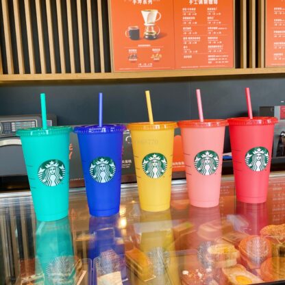 Купить starbucks 24OZ Color Change Tumblers Plastic Transparent Drinking Juice Cup With Lip And Straw Magic Coffee Mug Costom color changing 5pcs