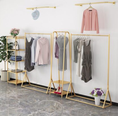 Купить Commercial Furniture Light luxury gold women's clothing store display rack floor type solid hanger multi-layer bag racks