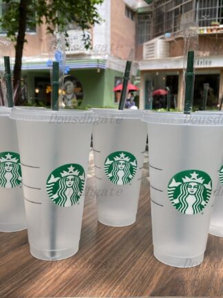 Купить 50pcs DHL Fast Shipping Starbucks 24OZ/710ml Plastic Tumbler Reusable Clear Drinking Flat Bottom Cup Pillar Shape Lid Straw Mug Bardian
