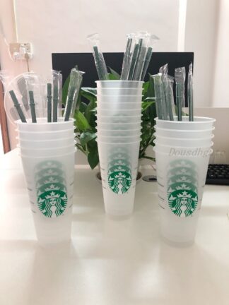 Купить Starbucks 24OZ/710ml Plastic Tumbler Reusable Clear Drinking Flat Bottom Cup Pillar Shape Lid Straw Mug Bardian 500pcs DHL