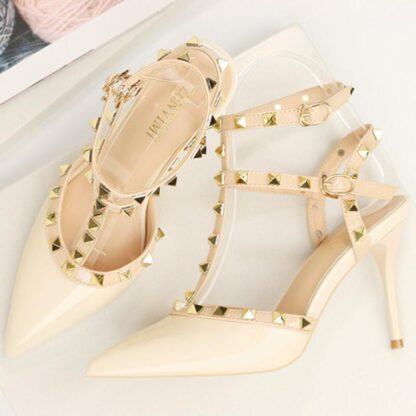 Купить fashion women pumps patent leather spikes Rivets point toe high heels thin heel sandals genuine lady sexy party shoes