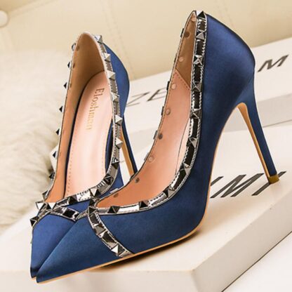 Купить Designer High heeled boat shoes spring autumn Pointed stilettos leather rivet women shoes luxury parties Sexy Letter lady Dress shoes 34-41