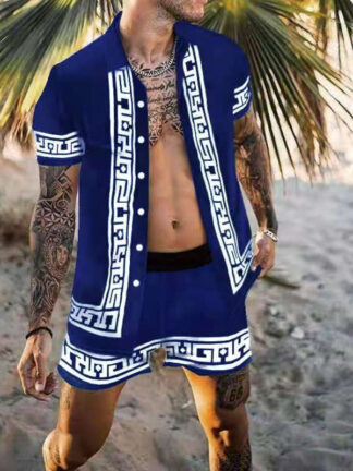 Купить Fashion Men's Summer Tracksuits Hawaii Short Sleeve 2pcs set High Quality Printed Shirt Tops Shorts Sets Clothes