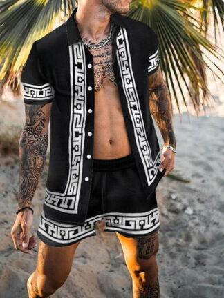 Купить Geometric print short Sleeve Shirt Loose Shorts Suit Tracksuits For men Summer Hawaii Outfits Sets Two Piece Blouse Trousers Set