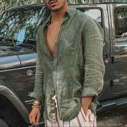 Купить Summer Thin Loose Cotton Linen Shirt blusa Green Beige Long Sleeve Hawaiian Men's 3XL 2XL Tops