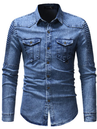 Купить Charming autumn and winter long sleeve shirts men's denim shirt Boho Button Up Jeans jacket blouse gray blue