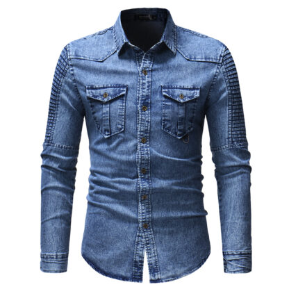 Купить Charming autumn and winter long sleeve shirts men's denim shirt Boho Button Up Jeans jacket blouse gray blue