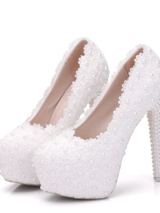 Купить White lace Pearl Wedding Shoes thin heel waterproof high heels