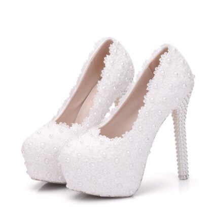 Купить White lace Pearl Wedding Shoes thin heel waterproof high heels