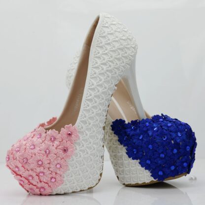 Купить White lace Sequin fishing net women's wedding shoes waterproof platform high heel