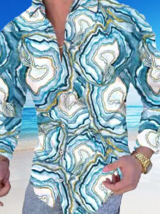 Купить Lapel digital print floral casual slim long sleeve shirt white blue sea wave pattern printing blouse Man Clothes Cardigan Blouses for men