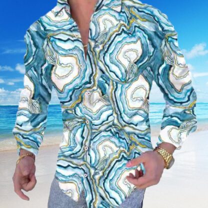 Купить Lapel digital print floral casual slim long sleeve shirt white blue sea wave pattern printing blouse Man Clothes Cardigan Blouses for men