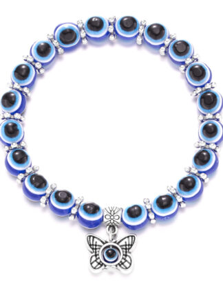 Купить Wholesale Fashion Antique Silver Plated Hand Turtle Butterfly Charm Bracelets Blue Evil Eye Beads Bracelet