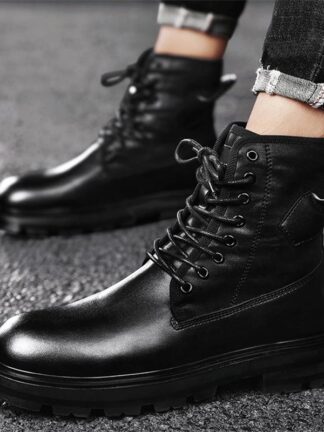 Купить Winter New Black PU High Top Martin Boots Men Classic Round Head Thick Bottom Lace Up Comfortable Fashion Leisure Full Match DH352