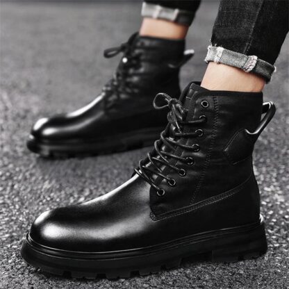 Купить Winter New Black PU High Top Martin Boots Men Classic Round Head Thick Bottom Lace Up Comfortable Fashion Leisure Full Match DH352